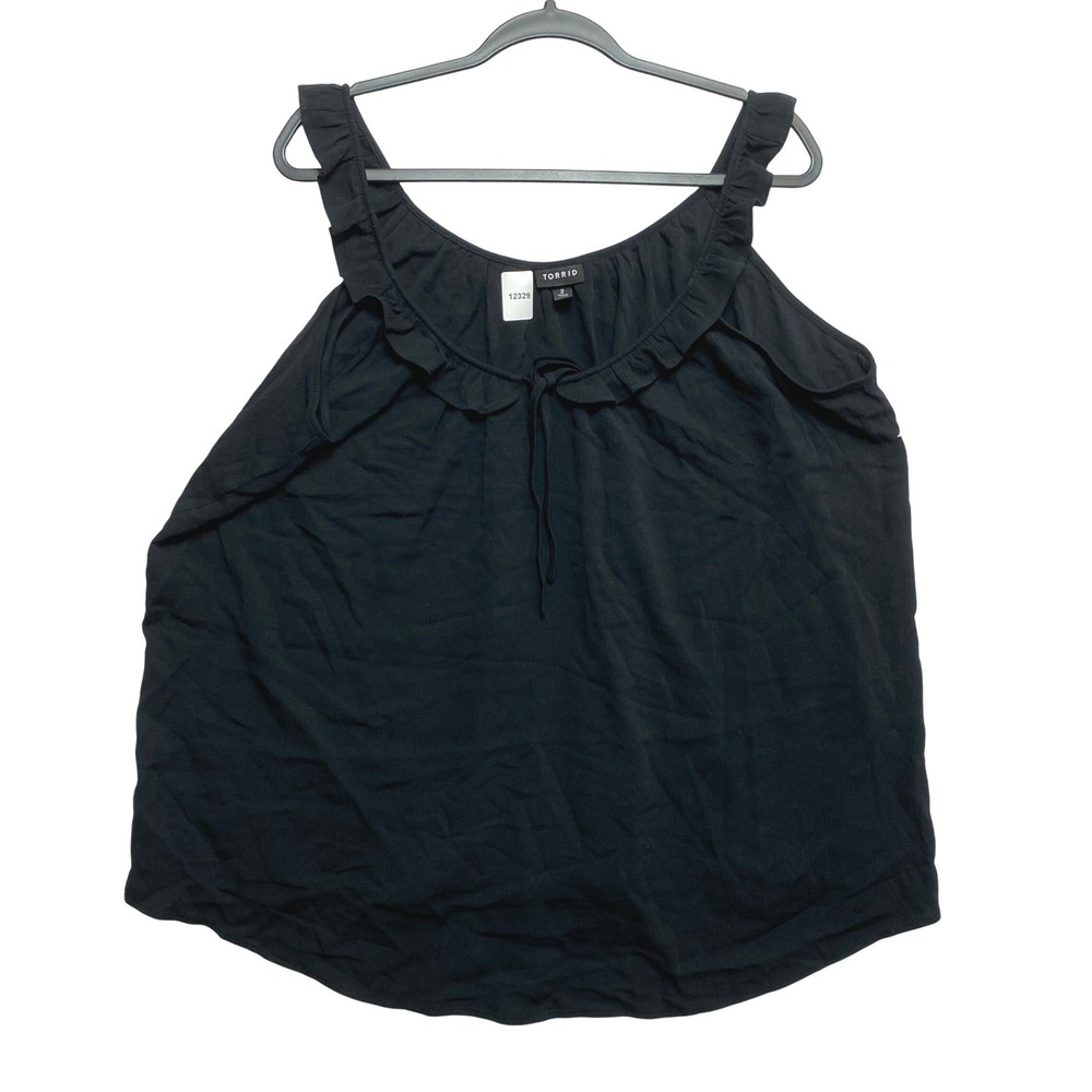 Torrid Tank Top Womens 2X Black Ruffle Neck Tie Front Sleeveless Crepe